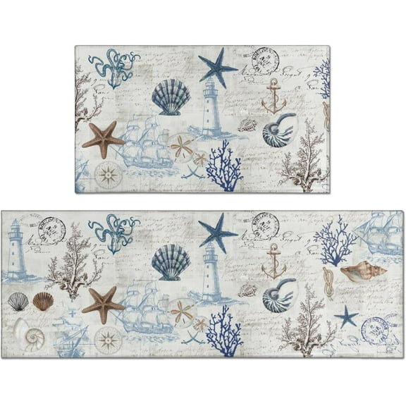 Nautical Kitchen Rug Set of 2,Ocean Themed Kitchen Decor Vintage Beach Kitchen Mat Non-Slip Washable, Farmhouse Ocean Kitchen Decor Anti Fatigue Floor Mat for Kitchen Laundry Room,17x30 17x47 Inch