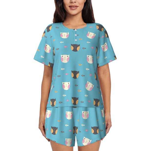 Balery Cat Fish Conjunto de Pijama para Mujer con Estampado, Dos Piezas de Manga Corta y Shorts, Ropa de Dormir Suave con Cuello Redondo y Bolsillos-X-Large