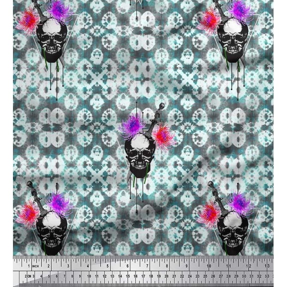 Soimoi Velvet Fabric Texture,Sword & Horror Skull Halloween Decor Fabric Printed Yard 58 Inch Wide