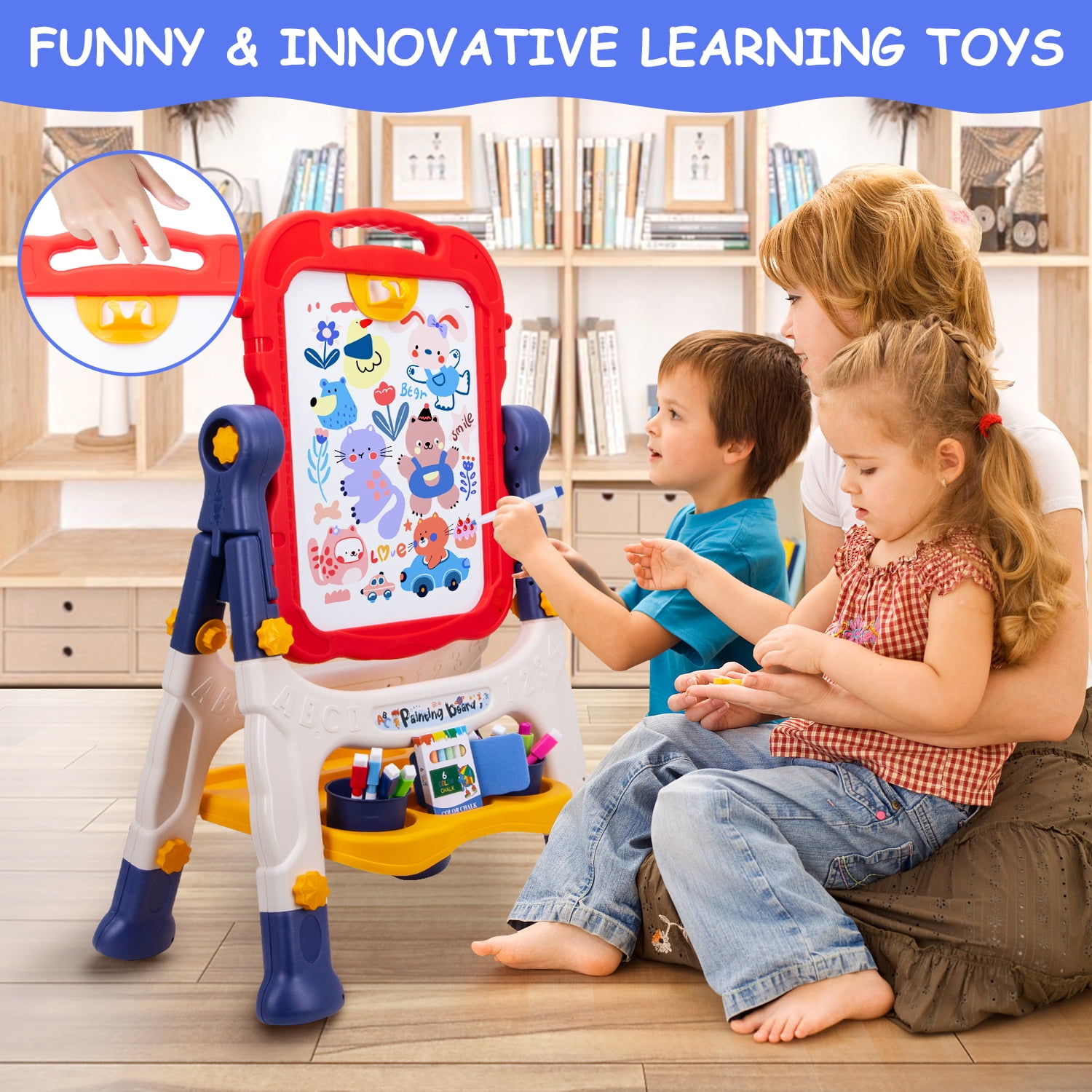 Xueyu Art Easel for Kids, Double Sided Kids Art Easel with Magnetic White Board Chalk Board, Adjustable Standing & Rotatable Toddler Easels with Drawing Accessories, Gift for Boys and Girls-Blue
