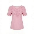 thumbnail image 4 of SSZMDLB Women V Neck Short Sleeve T-Shirts Eyelet Lace Top Curved Hem Solid Casual Summer Tees Elegant Vacation Outfits Workout Clothes, Pink 2XL, 4 of 5