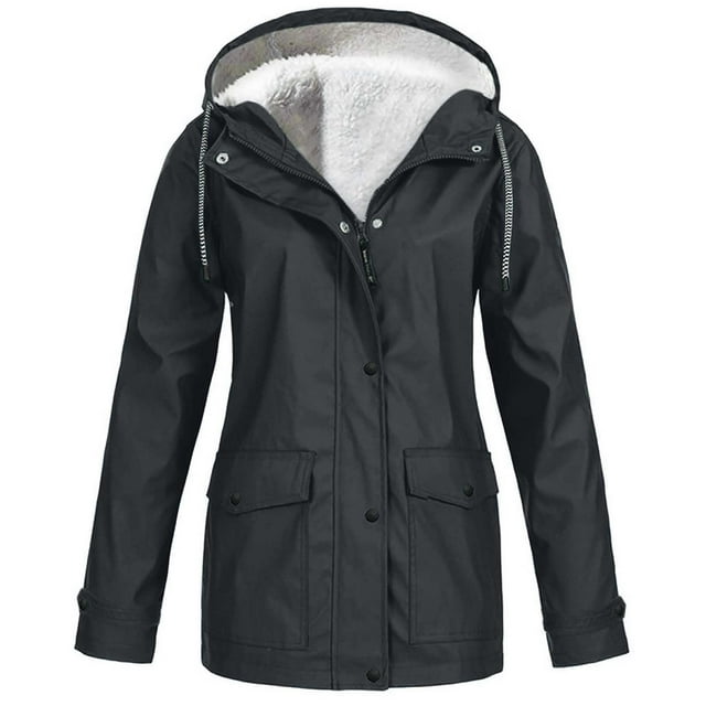 Aqestyerly Women Raincoat Windproof Hooded Jacket Outdoor Solid Color Lightweight Rain Jacket With Pockets HWRETIE