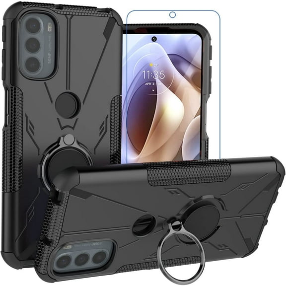 for Moto G31 Case Moto G41 Case with Screen Protector,Military Grade Shockproof Protective Phone Case with 360°Rotatable Ring Holder, Supports Magnetic Car Mounts for Motorola Moto G31 (Black)