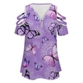 thumbnail image 4 of Purple Butterfly Dandelion Womens Summer V Neck Zipper Top Short Sleeve T Shirt Off Shoulder Top Casual Classy Loose Shirts, 4 of 7