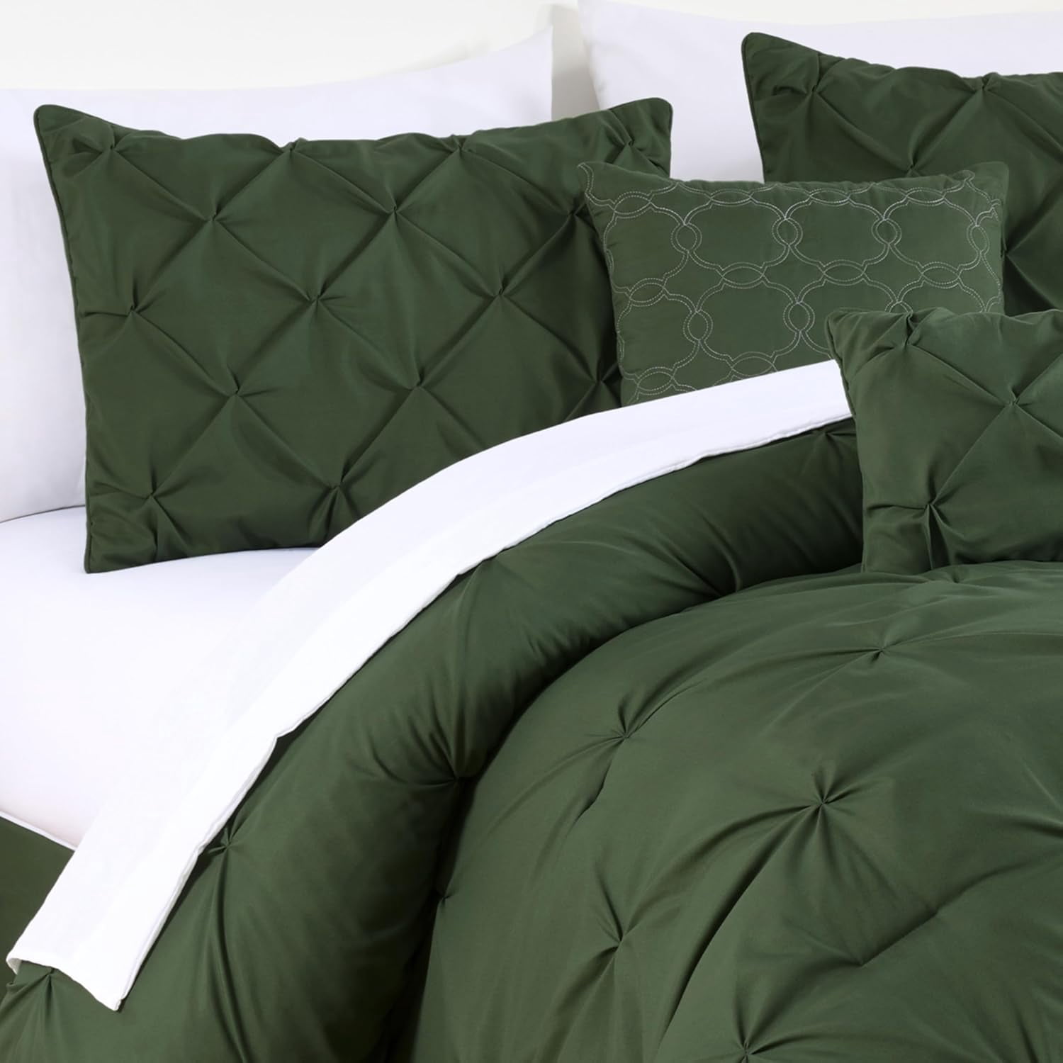 Chezmoi Collection Sydney 7-Piece Pinch Pleat Comforter Set, Lightweight Pintuck Bedding for All Season, Queen, Forest Green