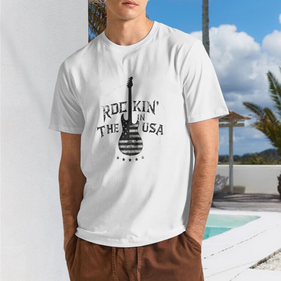 Men Vintage Rock Guitar USA Flag Graphic T-Shirt, "Rockin' In The USA" Crew Neck Poly Cotton Short Sleeve Patriotic Music Tee