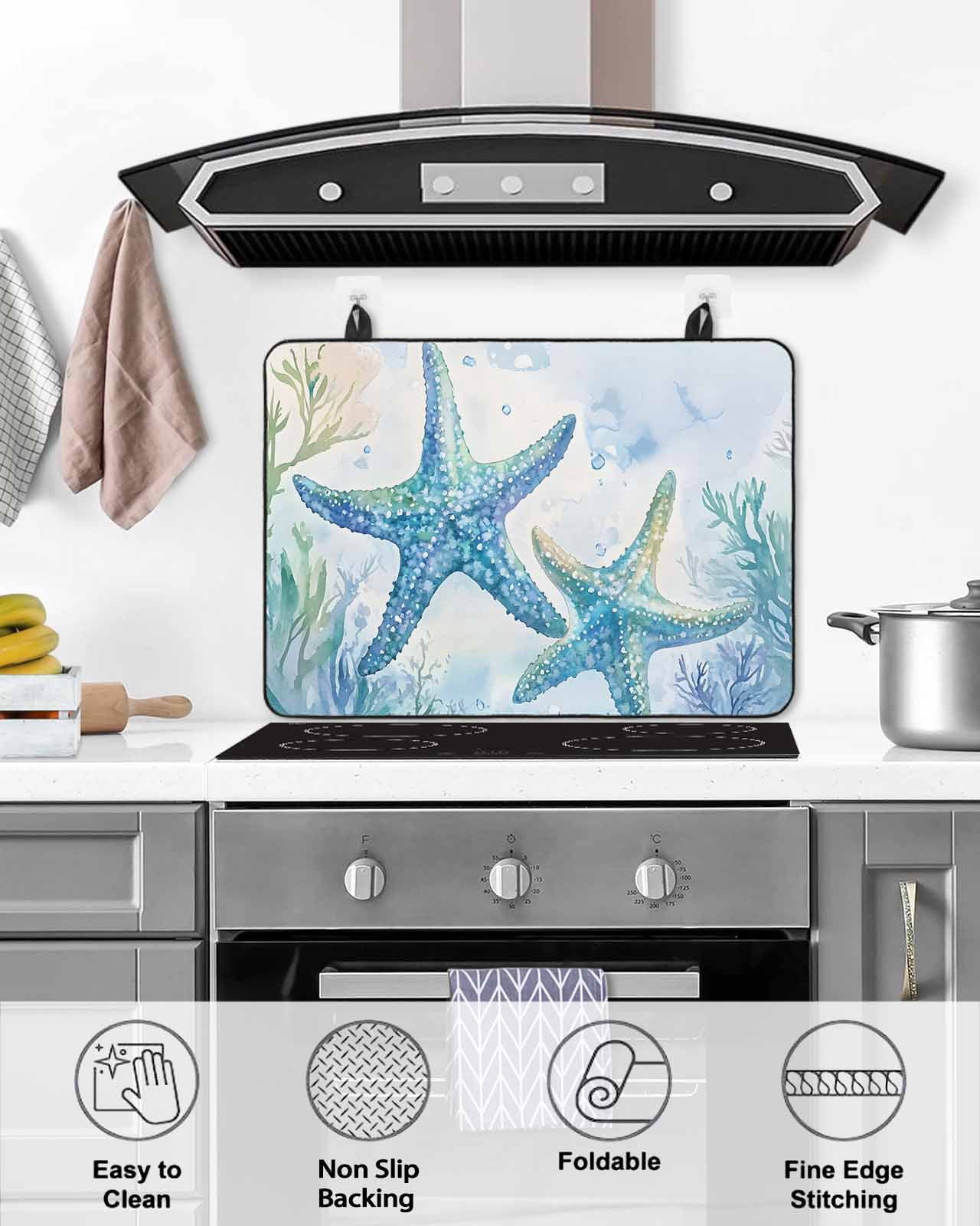nqOlkjepod Large Induction Cooktop Protector Mat 24"x21", Teal Blue Summer Coastal Stove Top Covers for Electric Stove, Ocean Watercolor Coral Starfish Stove Burner Cover Mats, Glass Top Stove Cover