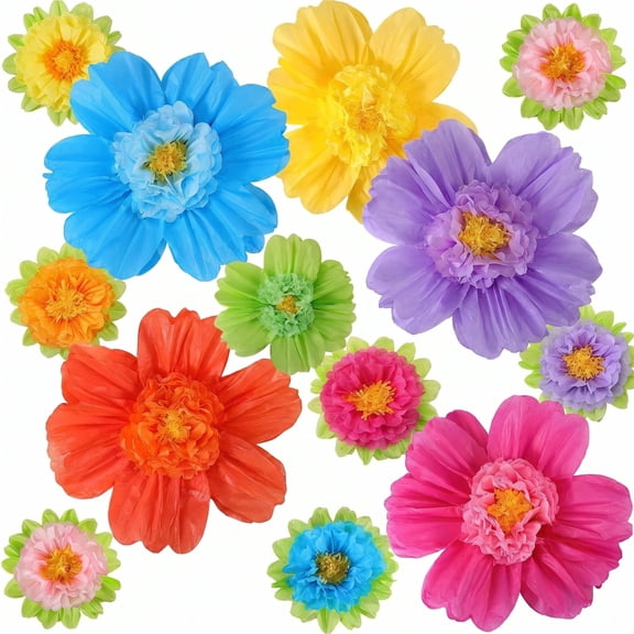12Pcs Rainbow Tissue Paper Flowers, 10in & 20in Giant Fiesta Paper Blooms for Mexican Party, Wedding Backdrop & Wall Decor