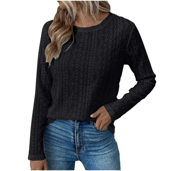 TKLPEHG Long Sleeve Eyelet Shirts for Women Ladies Fall Tops Casual Crew Neck Basic Shirts Loose Fit Comfy Tops (Black,L)