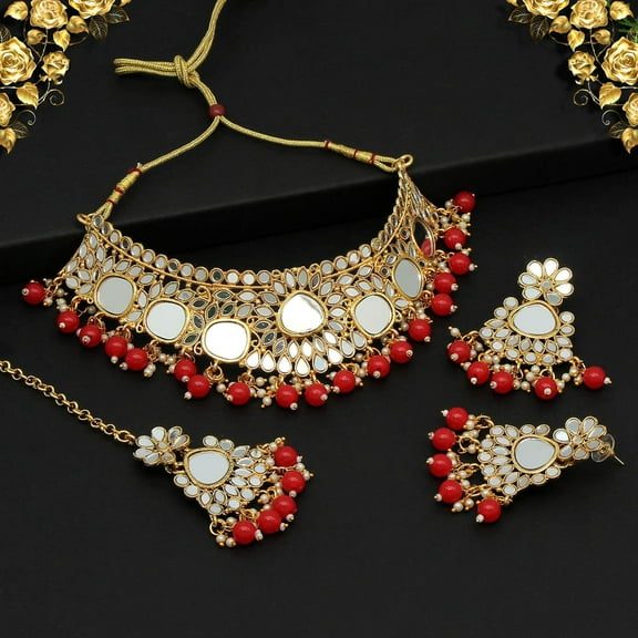 Indian Mirror Necklace Set | Indian Necklace Set With Earrings and Tikka | Necklace Set for Women | Indian Jewelry | Indian Jewellery