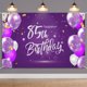 thumbnail image 1 of HAMIGAR Telón de fondo para pancarta de feliz cumpleaños número 85 de 6 x 4 pies, decoración de cumpleaños de 85 años, suministros para fiestas para mujeres, color morado, 1 of 5