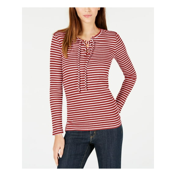 MICHAEL MICHAEL KORS Womens Orange Ribbed Lace Up Grommet Trim Striped Long Sleeve Split Top M