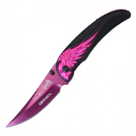 Spring-Assisted Folding Pocket Knife | Wartech Black Pink Blade Skull Wing
