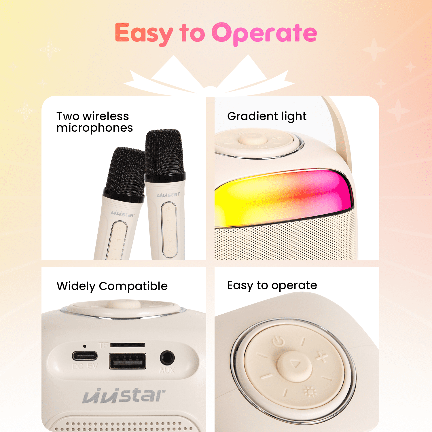 VIVISTAR Karaoke Machine for Kids Portable Bluetooth Speaker with 2 Wireless Microphones Mini Karaoke Speaker with LED Lights Birthday Gifts for Adults Girls Boys Family Home Party Outdoor (White)