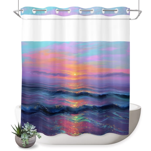 No Hook Shower Curtain, Coastal Ocean Shower Curtains for Bathroom with See Through Top Window, Sparkle Sea Abstract Colorful Waterproof & Washable Bath Curtain 66"x72"