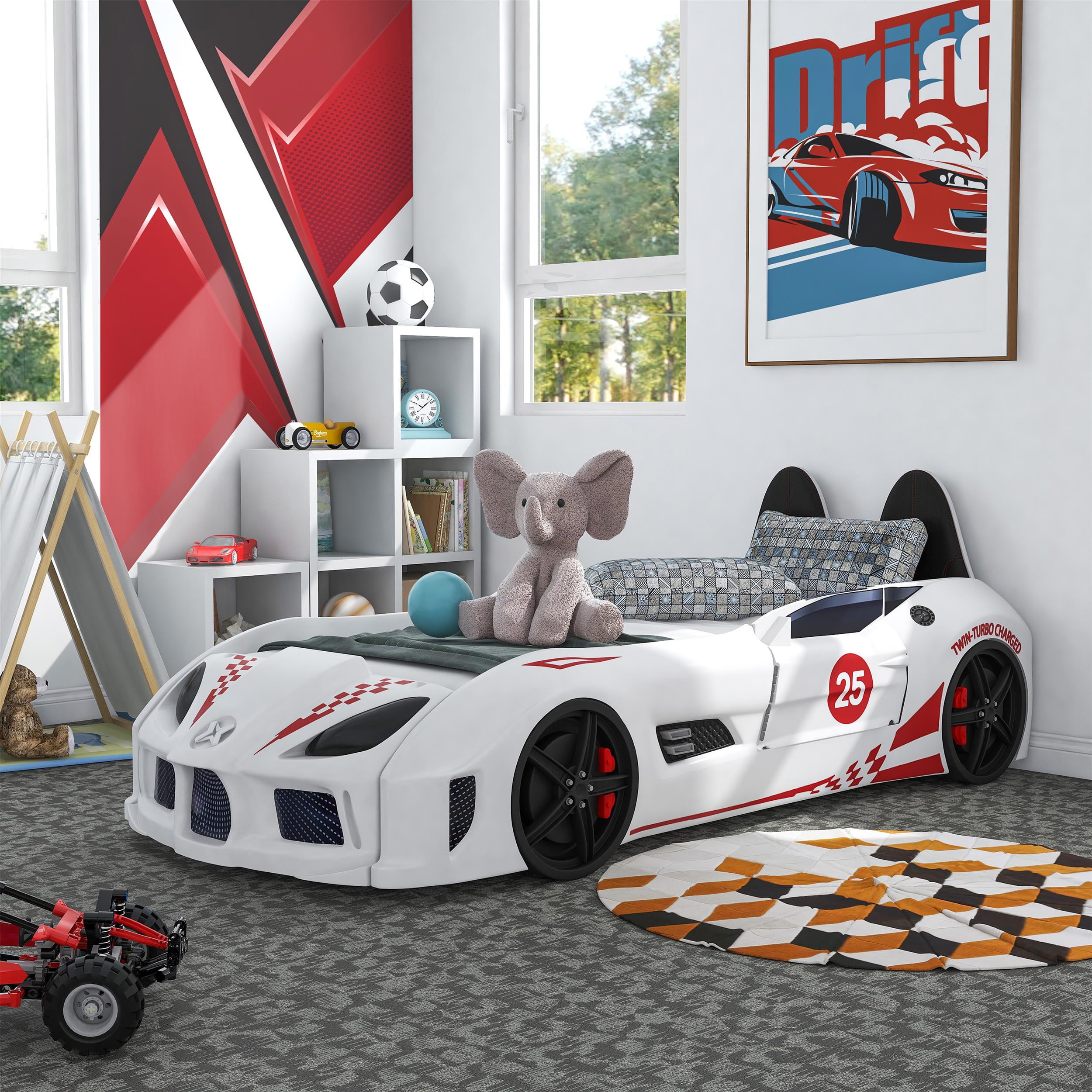 Furniture of America Sonet Plastic Twin Race Car Bed with LED Light in White
