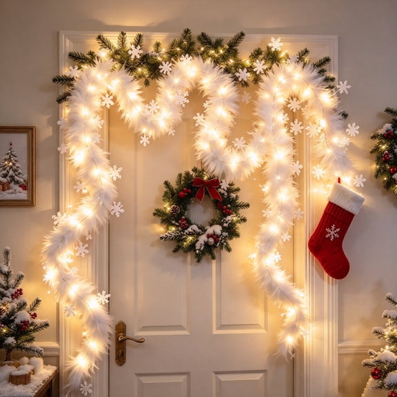 White Faux Feather Boa Christmas Garland, 6.5 Ft Pre-Lit LED Garland with Snowflakes for Mantel & Fireplace Decor, 78.74 in