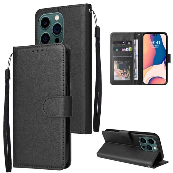 Compatible for iPhone 14 Pro Max Wallet Case with Premium PU Leather Card Slots Holder Photograph Slot Cover, Soft Silicone Shockproof Magnetic Clasp Kickstand Wrist Strap Flip Folio Case,Black