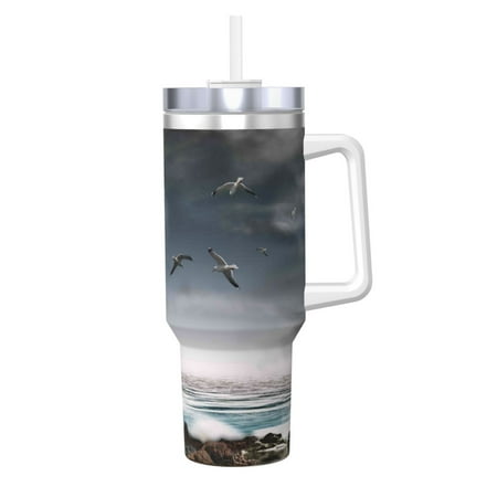 

Cauagu 3d Lighthouse in the Surf Print Stainless Steel Vacuum Insulated Tumbler 40oz Water Bottle with Handle & Flip Straw Reusable Travel Coffee Mug for Women & Men