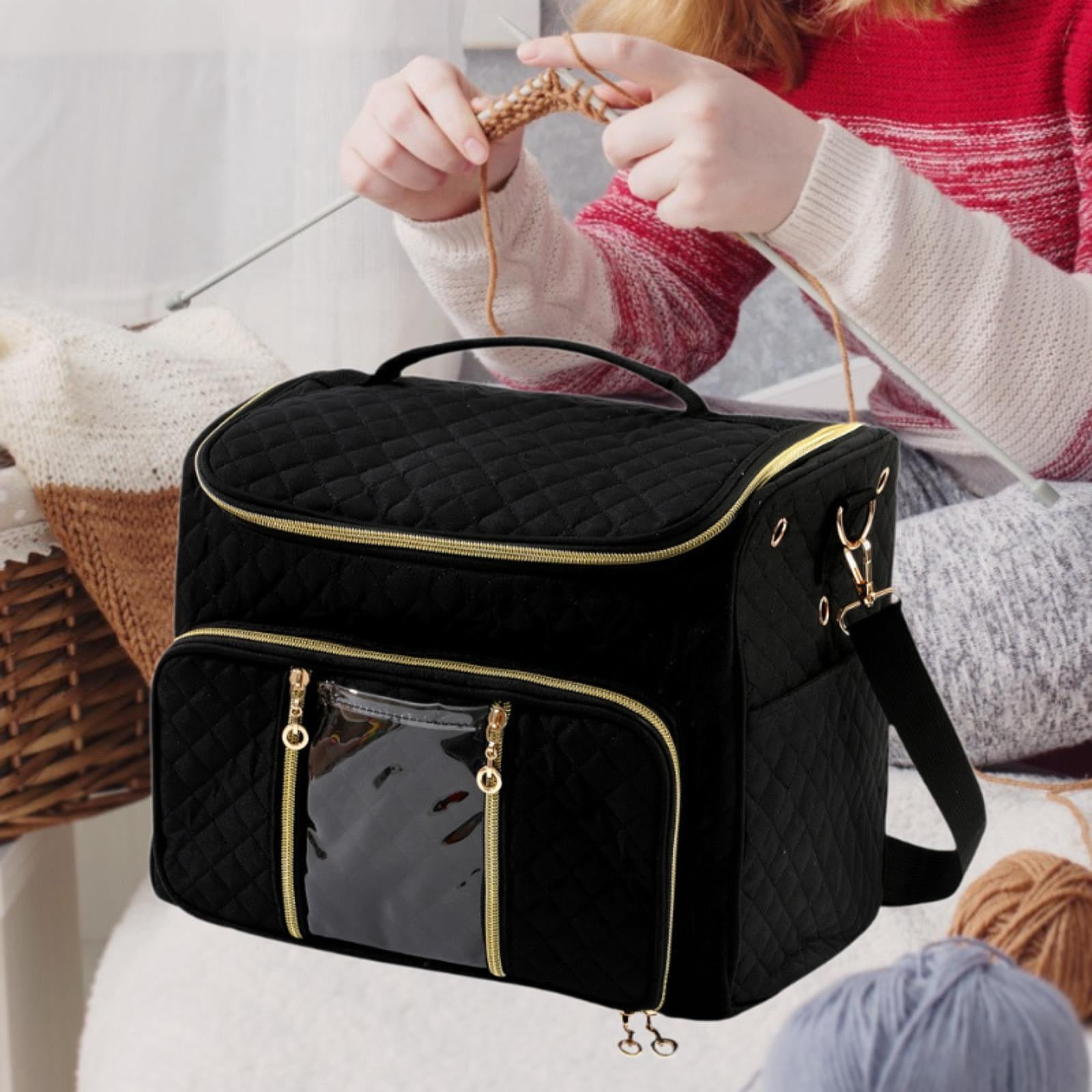 S SERENABLE Home Yarn Storage Bag Knitting Tool Holder Crochet Tool Storage Bag Crossbody Crochet Organizer with Hole with Multi Pockets Black