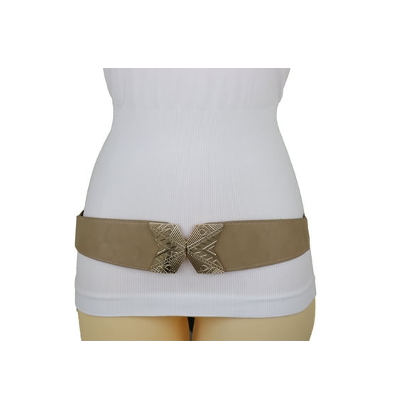 Women Beige Faux Leather Elastic Belt Gold Metal Buckle S M