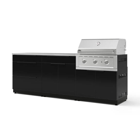 NewAge Products Outdoor Kitchen Aluminum 5 Piece Cabinet Set With 3 Drawer, Bar, Grill Cabinet, Performance Grill and Countertop