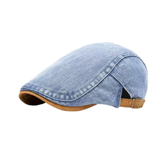 Pale Light Blue Denim Flat Cap for Men, Vintage Washed Ivy Newsboy Cap, Adjustable Strap Casual Driving Beret Hat
