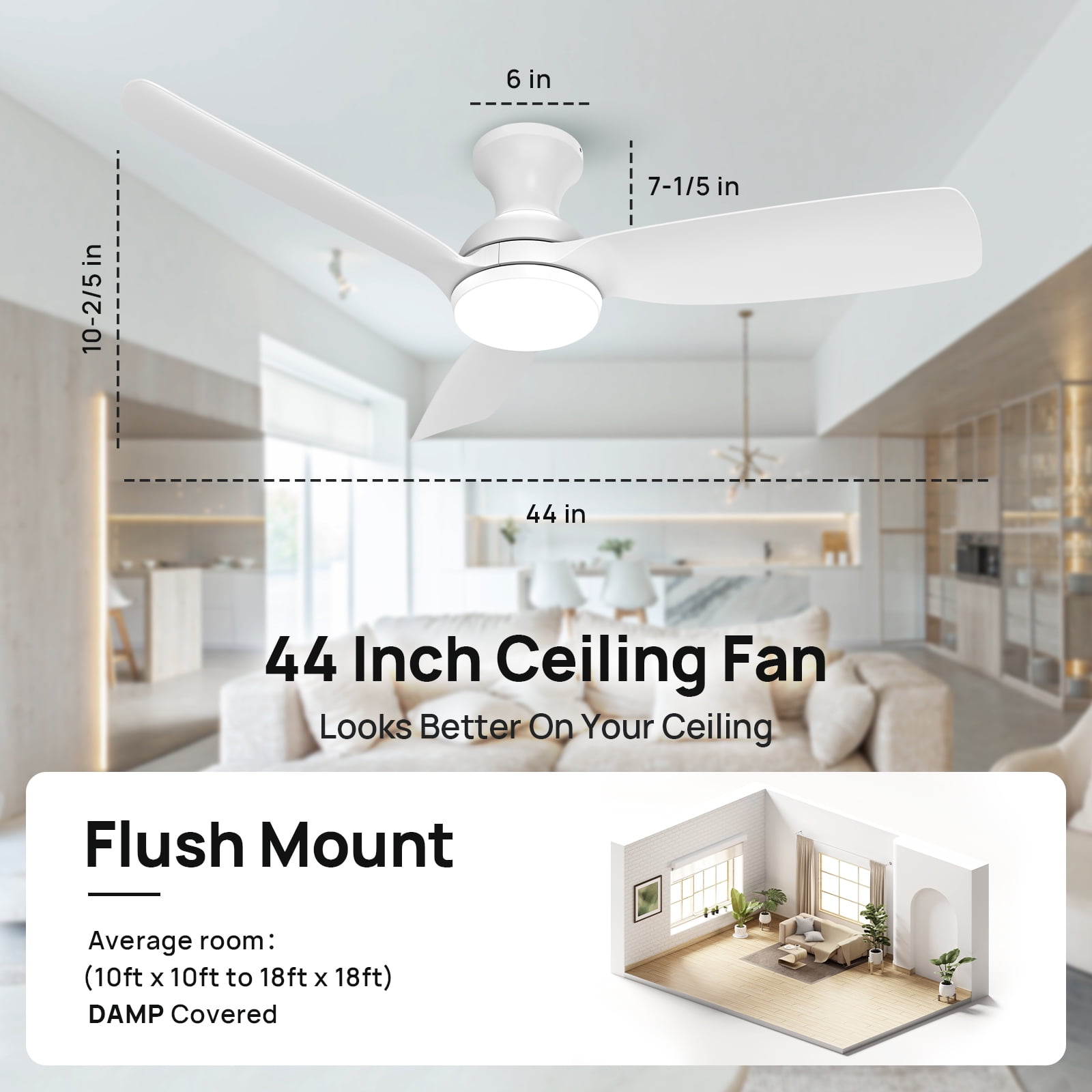 Consciot 44 inch Ceiling Fan with Light, 3 Blades, Remote Control, Reverse Airflow, 6 Speeds, Dimmable, White