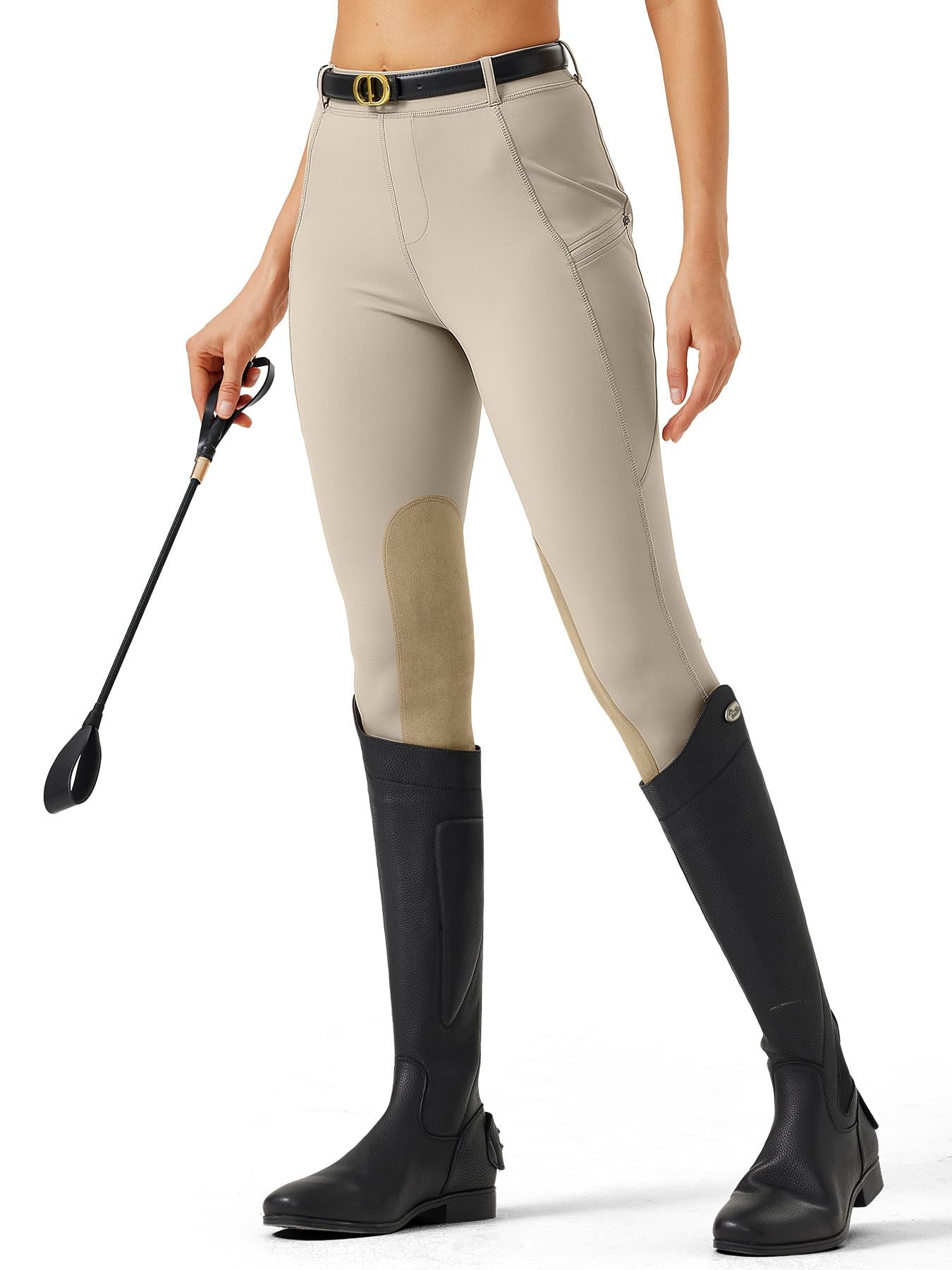 Women's Horse Riding Pants with Zipper Pockets Knee-Patch Schooling Tights Equestrian Breeches for Women khaki L