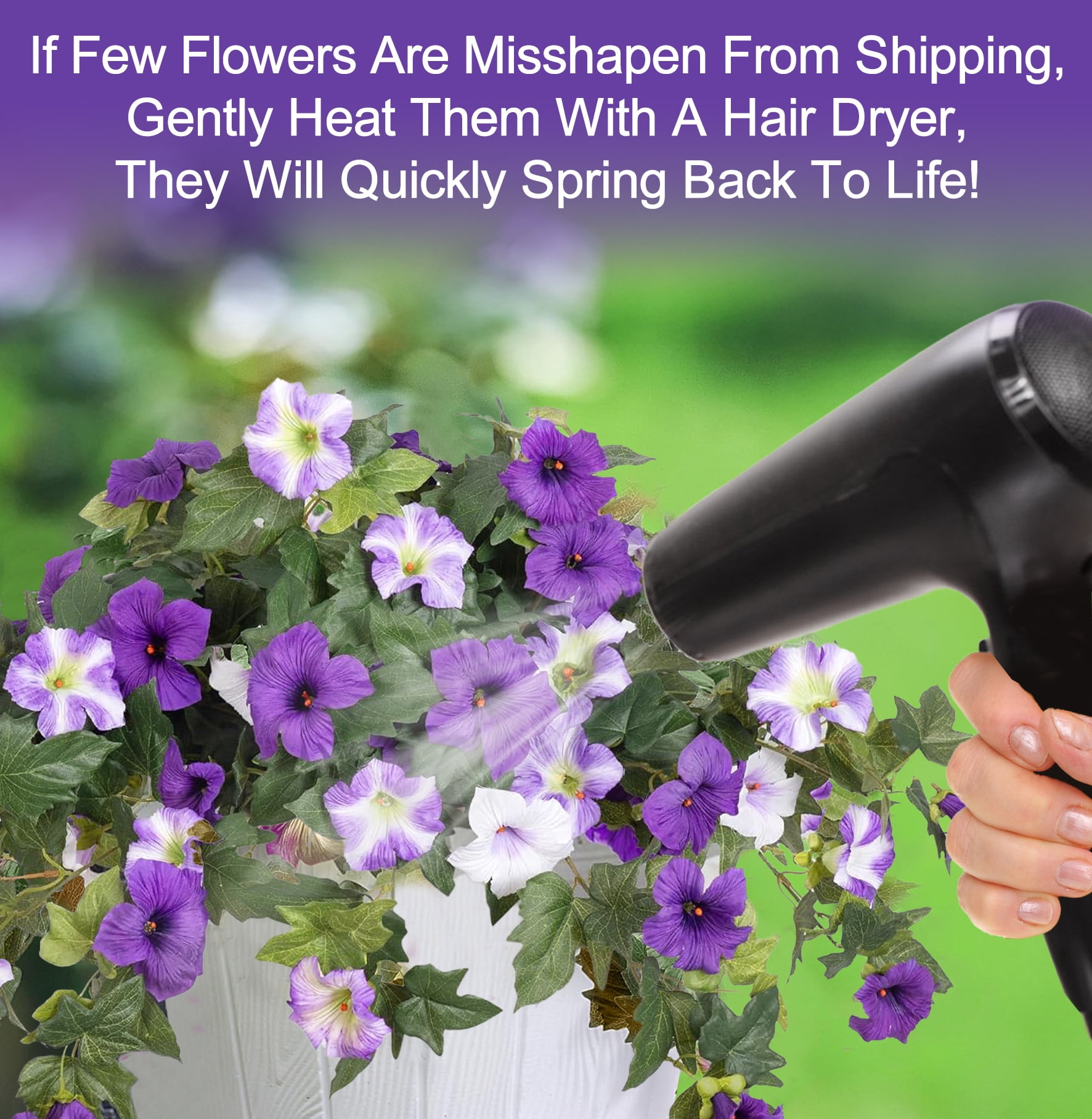 Inadays Artificial Flowers for Outdoors Faux Plants Home Decor 2PCS Spring Faux Petunias Silk Flower UV Resistant No Fade for Home Garden Balcony Yard Porch Realistic Indoor Decor, Purple