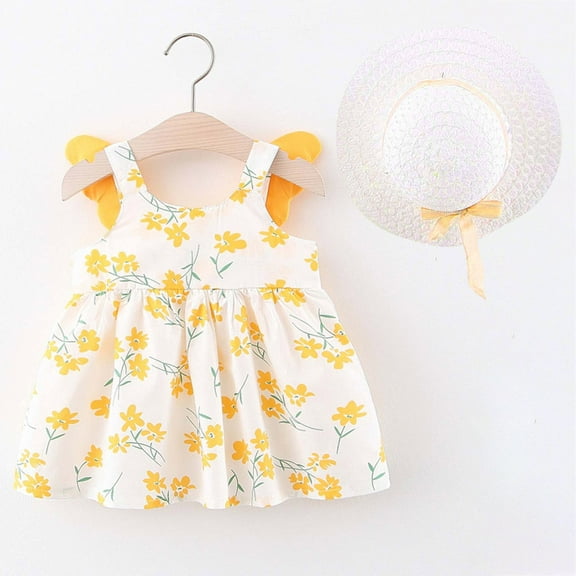 LoyisViDion Baby Girls Dress Clearance Toddler Child Baby Girl Summersolid Color Print Suspender Dress with Hat Yellow 18-24months
