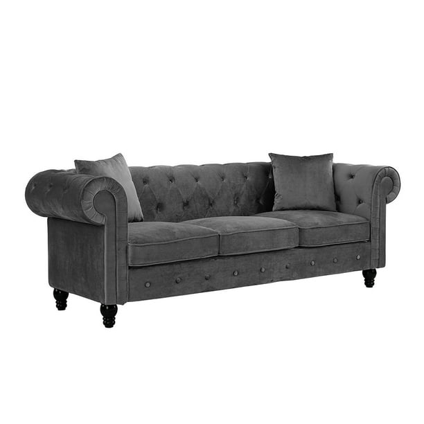 Classic Velvet Scroll Arm Tufted Button Chesterfield Style Sofa (Grey