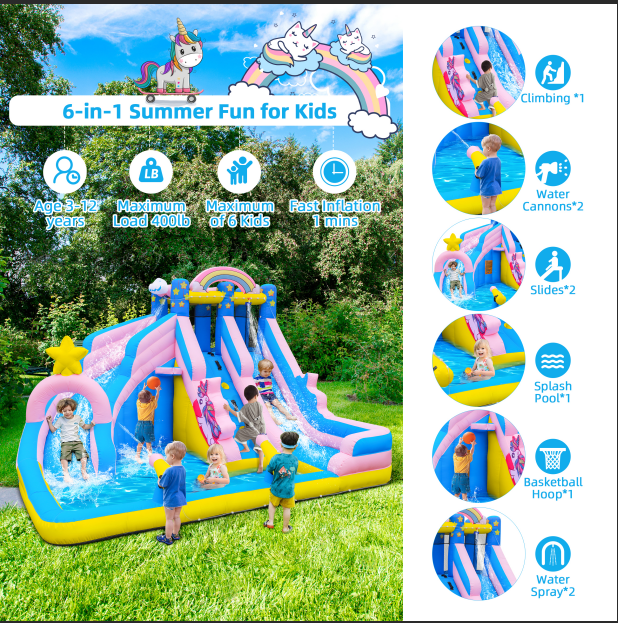 Inflatable Water Slide: 6 in 1 Bounce House Water Park for Kids - Climbing Wall Splash Pool 2 Water Cannon 2 Slide Basketball Rim - 550W Blower - for Outdoor Backyard Birthday Party