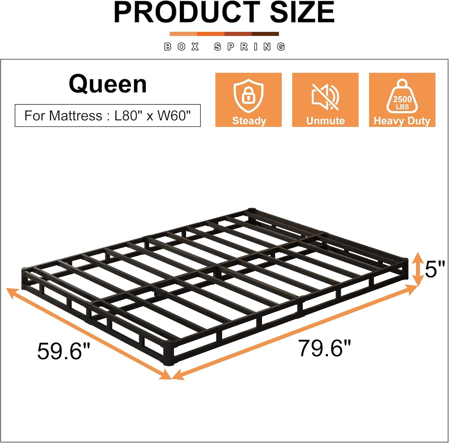5-inch box spring queen size bed frame, heavy duty metal queen size mattress base,