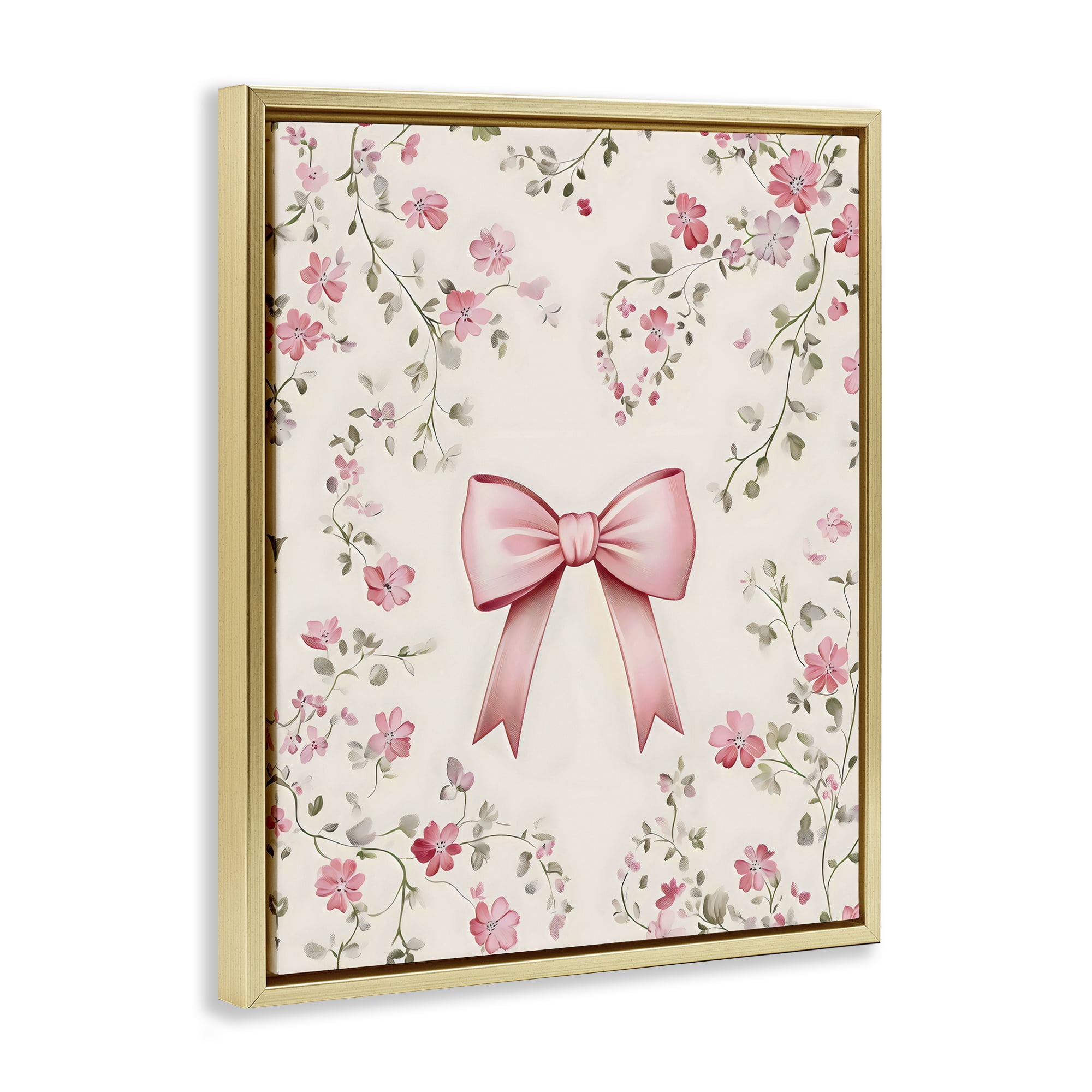 Stupell Industries Girly Ribbon Bow Gold Framed Floater Canvas Wall Art, design by Arlington Prints