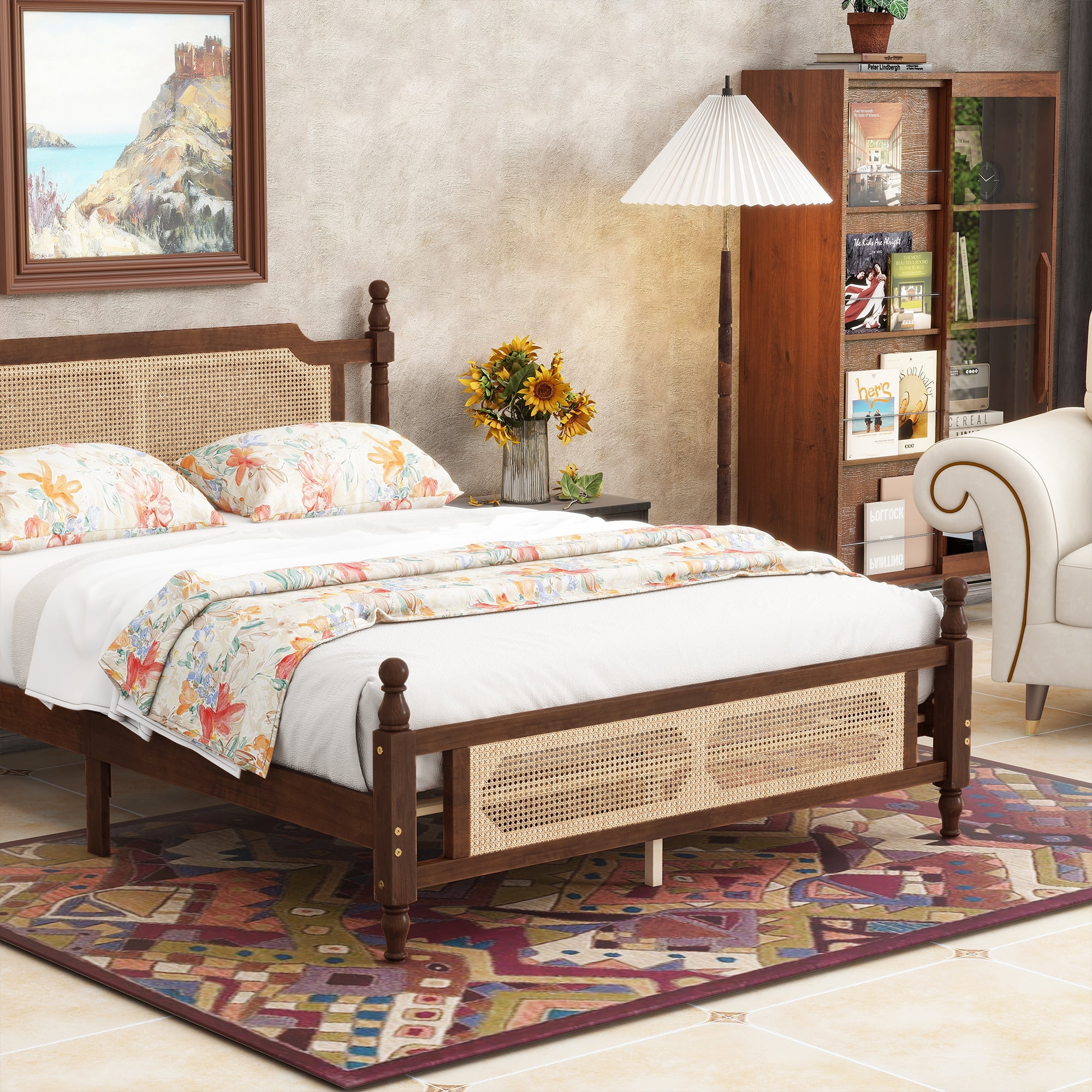 Miniyam Queen Size Rattan Bed with Spherical Bedposts for Adult, Walnut