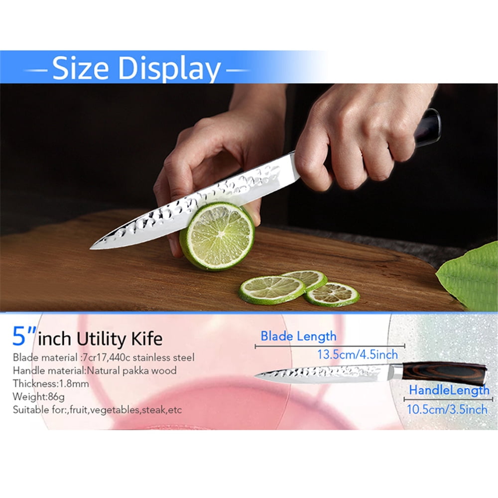 Kitchen Knife 5inch Utility Knives with Sheath,Stainless Steel Sharp Forged Hammered Blade Non-Stick Fruit Slicer Vegetable Slicing Knife Cutter Cooking Tool