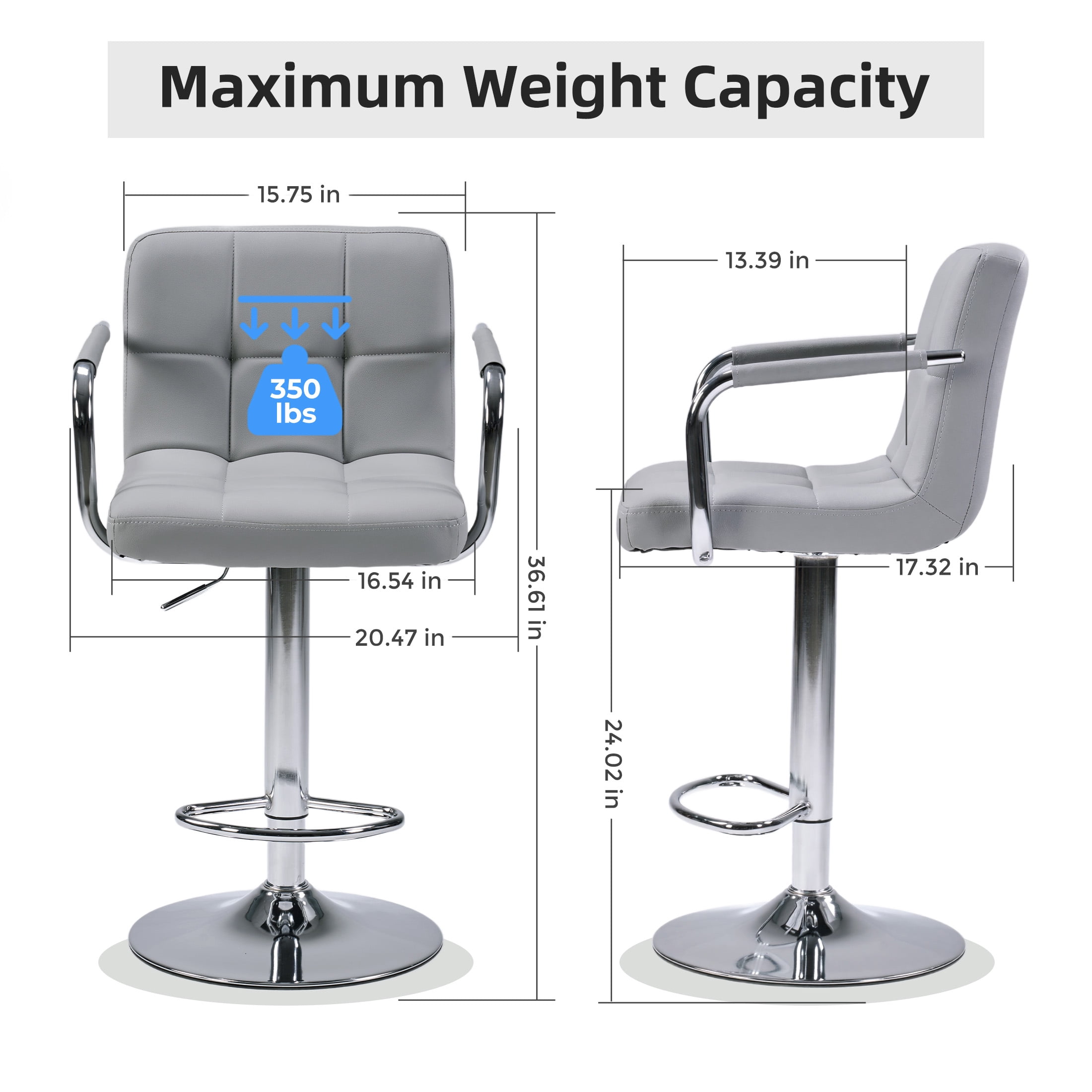 CONCETTA Set Of 2 Swivel Bar Stools With Armrests, Made of Adjustable Pu Leather with Back & Footrest,Gray