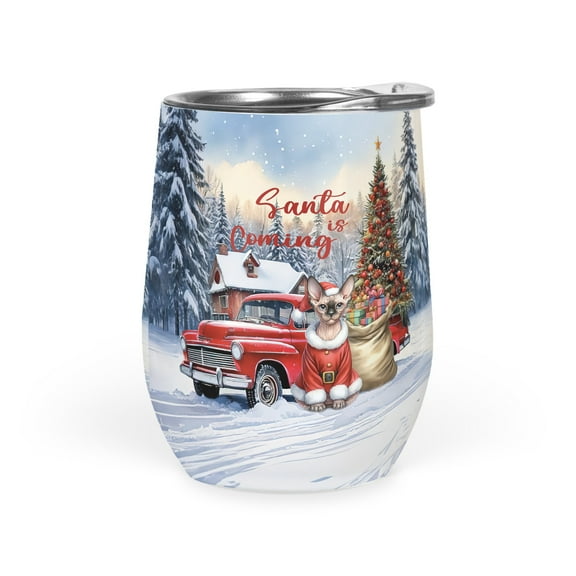 Santa is Coming Sphynx Merry Christmas Xmas Noel Truck Tree 12oz Stainless Steel Wine Tumbler Insulated Cup with Lid Cat Lover Kitten Owner Gifts Idea - 02023