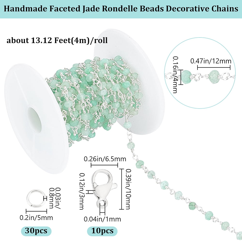 DIY Bracelet Necklace Making Kit Including Faceted Natural Jade Rondelle Beaded Link Chains 304 Stainless Steel Clasps Brass Jump Rings Silver Chain: 12x4mm 4m/set