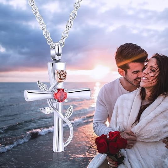Rose Flower Cross Necklace for Ashes Stainless Steel Cremation Jewelry for Ashes Gem Blue Zircon Urn Necklace for Men Women Ash Holder Cross Ashes Jewelry Walmart