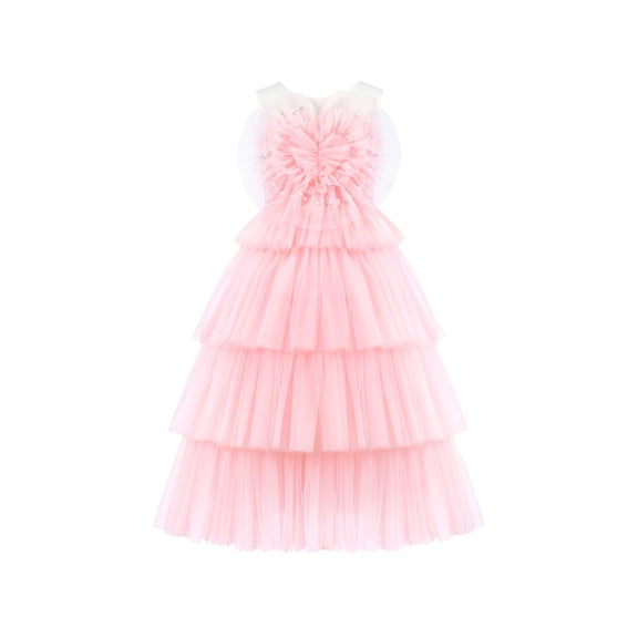 Flower Girls Dress Pink Cake Skirt Pearl Diamond Heart Bodice Backless 4 Years