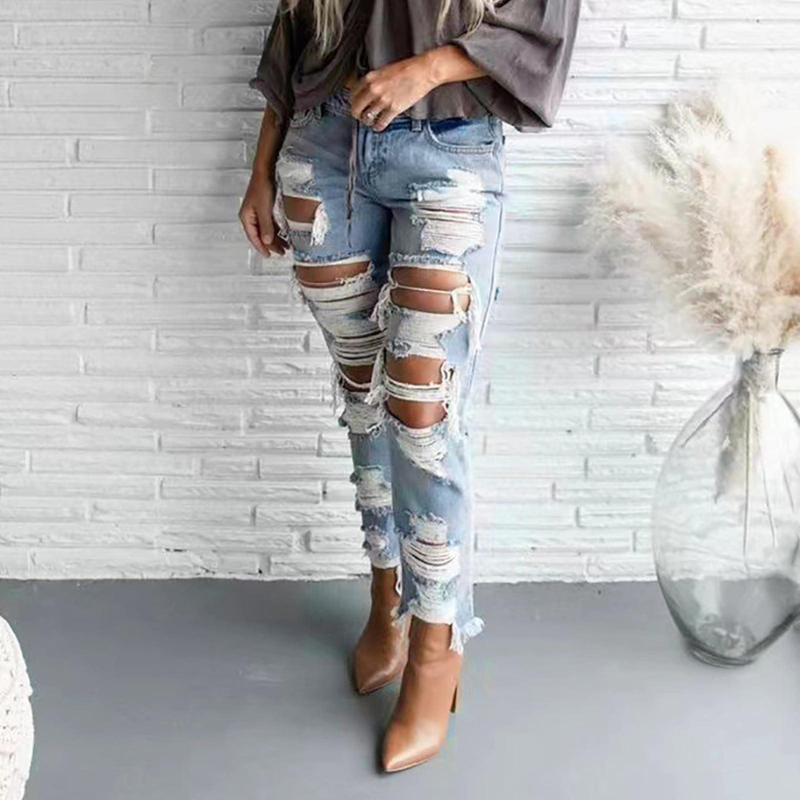 High Waisted Baggy Ripped Jeans Fashion Slim Fit Denim Pocket Jeans plus Pants for Tall Women plus Size Casual Pants - Walmart.com