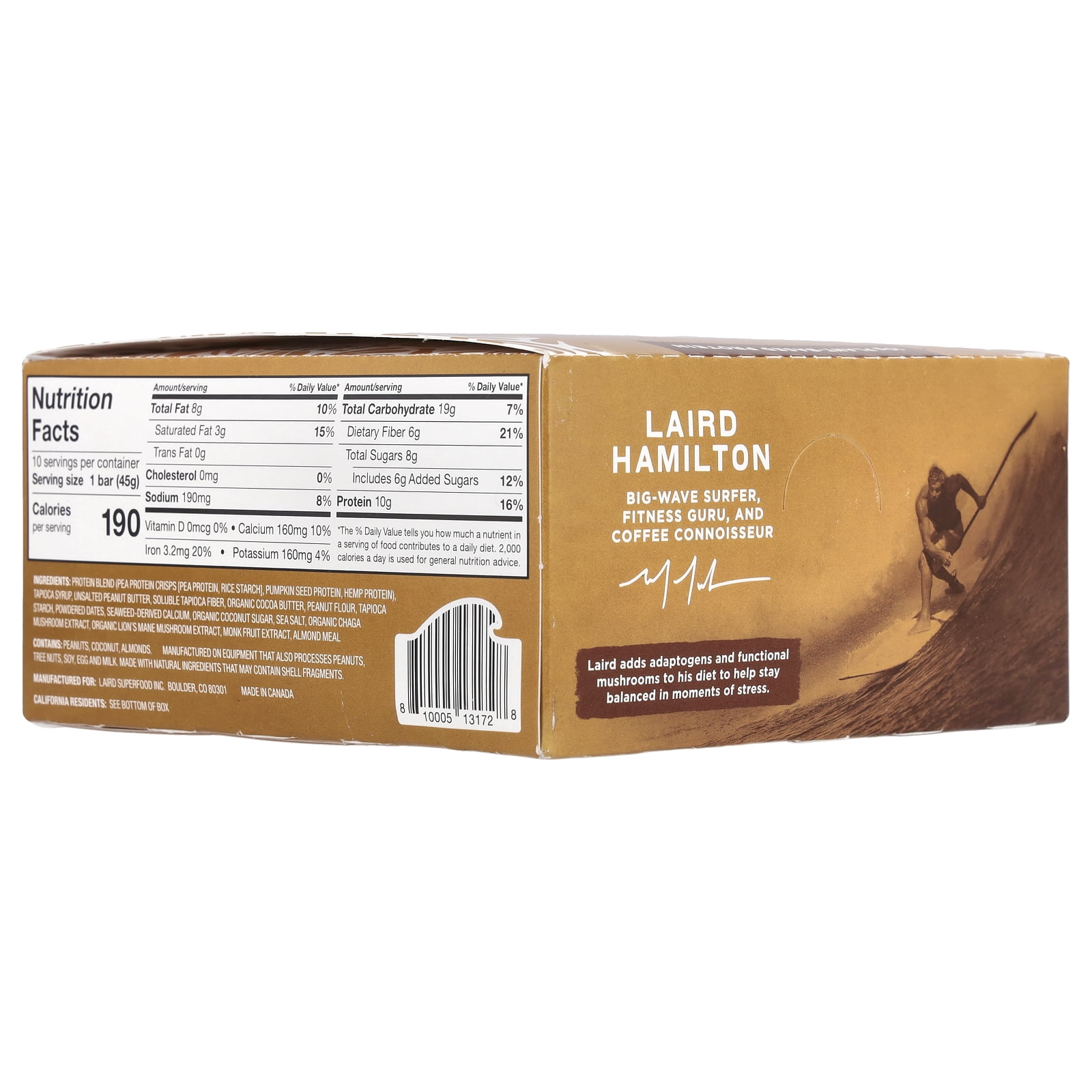 Laird Superfood Protein Bar + Adaptogens, Peanut Butter, 10 Bars, 1.6 oz (45 g) Each