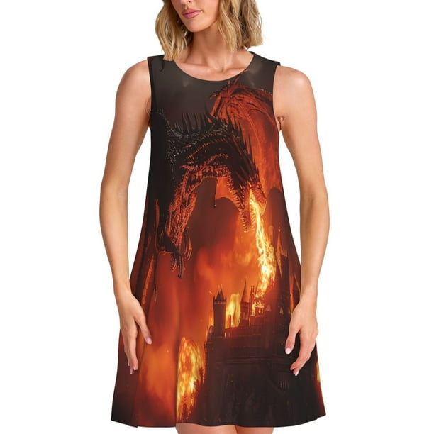 Fotbe Fiery Dragons Castle Attack Vestido de Verano sin Mangas para Mujer – Vestido Midi Línea A, Estilo Camiseta Floral, Vestido Playero Casual y Fluido