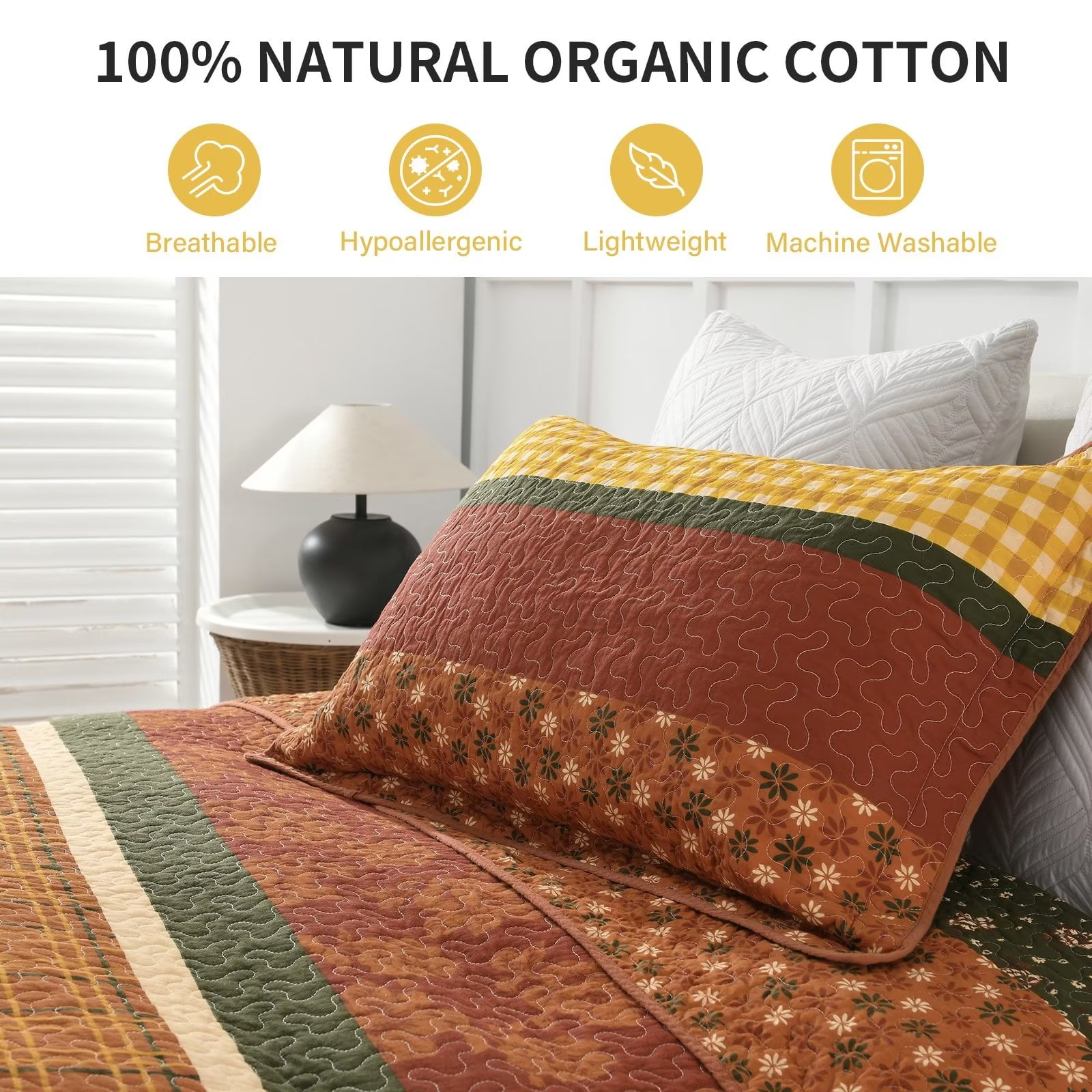 DDUOXIN Bohemian Fall King Quilt - 100% Cotton Floral Brown & Gold & Green Striped King Size Quilt Set, Lightweight Boho Bedspread Autumn Gift 3-Piece Quilt Comforter Set with 2 Pillowsham, 98"x106"