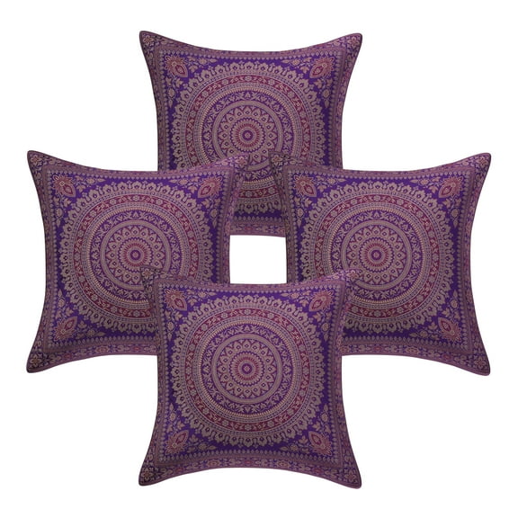 Stylo Culture Indian Brocade Decorative Throw Pillow Sham Covers Purple 16 x 16 Traditional Jacquard Weave Gold Sofa Cushion Covers 40x40 cm Polydupion Silk Mandala Square Pillow Cases | Set Of 4