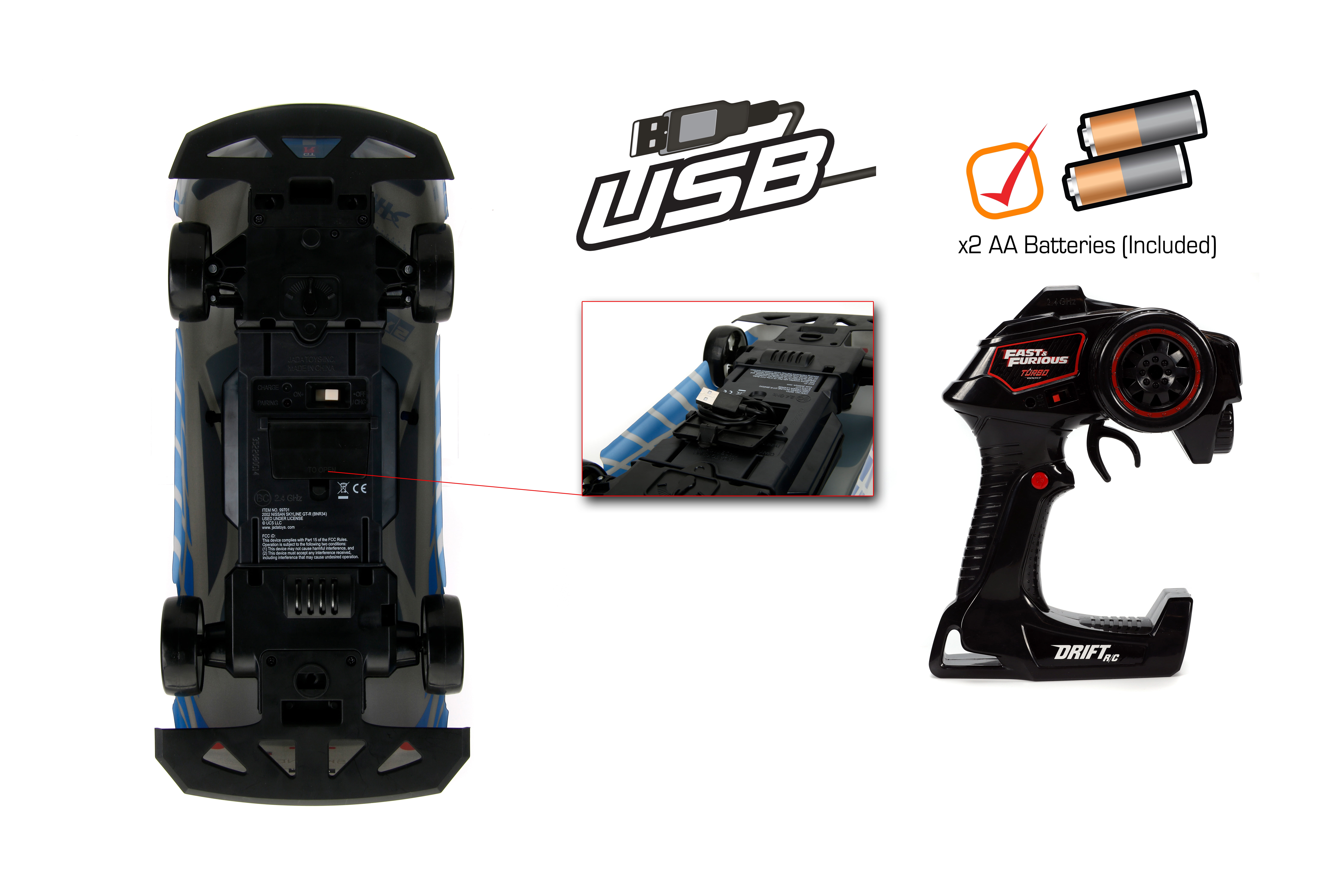 Fast & Furious 1:10 Nissan Skyline GT-R R34 Drift RC Radio Control Cars, Plastic, 8+