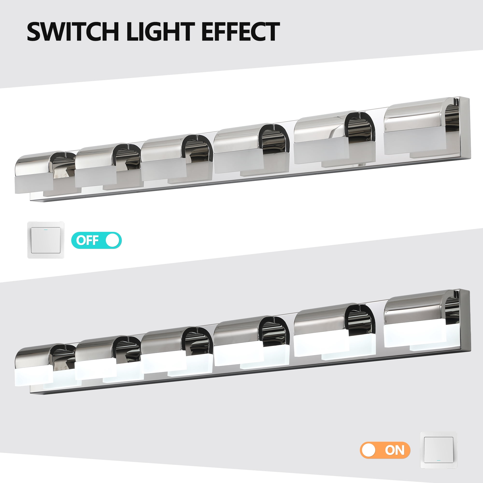 YANSUN 46.5 in Chrome Modern 6-Light LED Bathroom Vanity Light, 30W, Dimmable & 360° Rotatable, for Mirror, Shower, Dressing Room