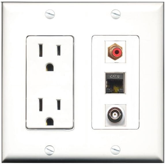 RiteAV - 15 Amp Power Outlet 1 Port RCA Red 1 Port Shielded Cat6 Ethernet Ethernet 1 Port BNC Decorative Wall Plate